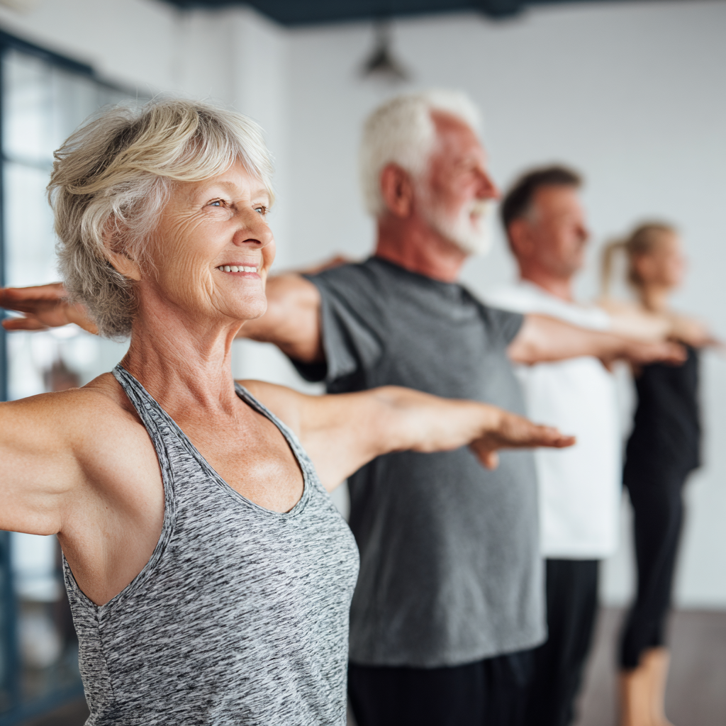 group of active seniors doing fitness exercises together in bright studio